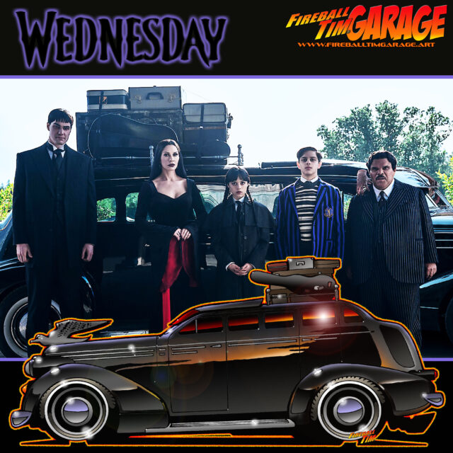 Wednesday Cast Automotive Pop Culture Movie Car and TV Car Art by Fireball Tim Garage